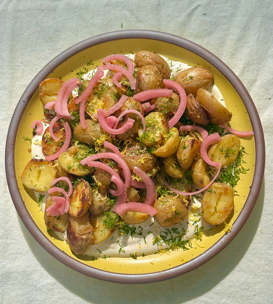 Crispy Lemon Dijon Potatoes with Yogurt Sauce